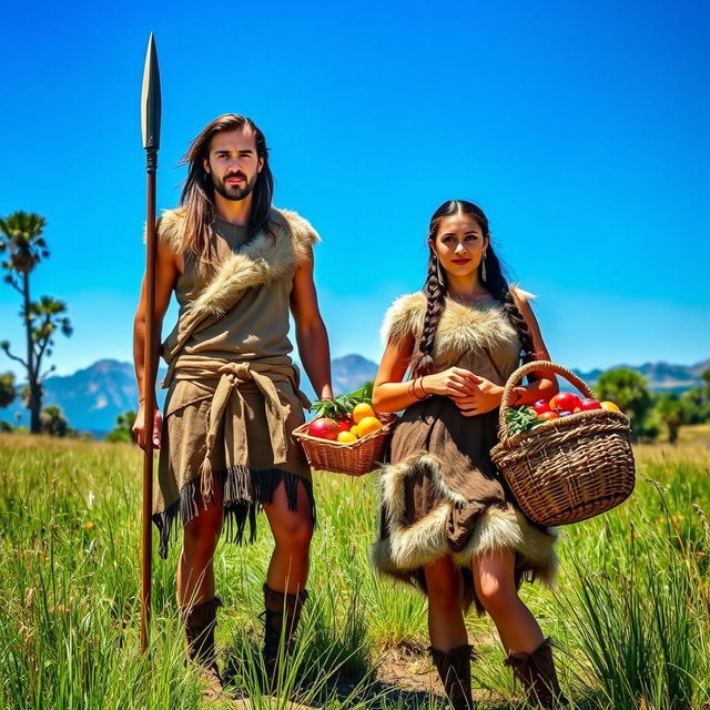 A male and female couple dressed in authentic Stone Age attire, showcasing elements like animal hides and primitive clothing