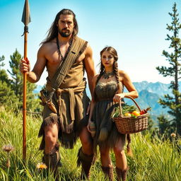 A male and female couple dressed in authentic Stone Age attire, showcasing elements like animal hides and primitive clothing