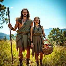 A male and female couple dressed in authentic Stone Age attire, showcasing elements like animal hides and primitive clothing