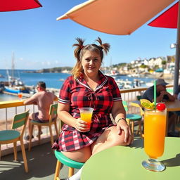 A curvy 40-year-old woman with hair styled in playful pigtails, sitting at a vibrant beach bar overlooking the beautiful harbor of St Ives
