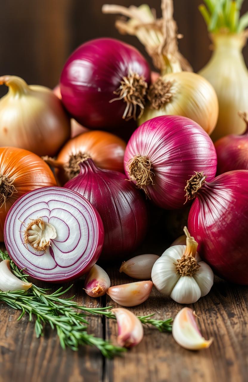 A vibrant and detailed still life composition featuring a variety of onions, including red onions, yellow onions, and shallots
