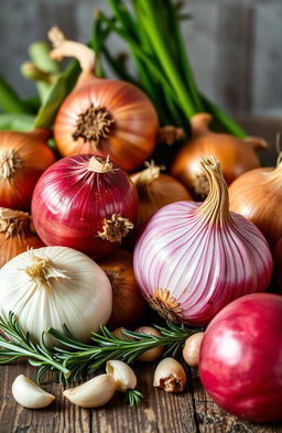A vibrant and detailed still life composition featuring a variety of onions, including red onions, yellow onions, and shallots