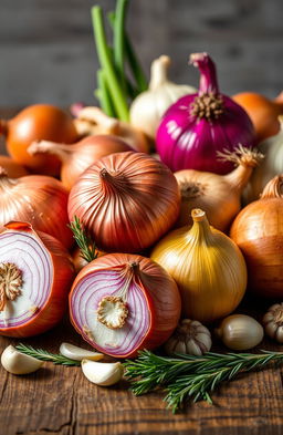 A vibrant and detailed still life composition featuring a variety of onions, including red onions, yellow onions, and shallots