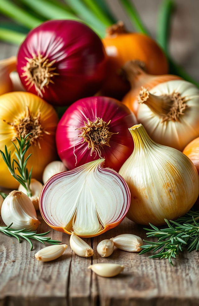 A vibrant and detailed still life composition featuring a variety of onions, including red onions, yellow onions, and shallots