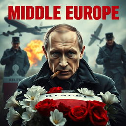 A high quality realistic movie poster featuring Vladimir Putin prominently in the foreground, smoking a cigar with an intense and contemplative expression