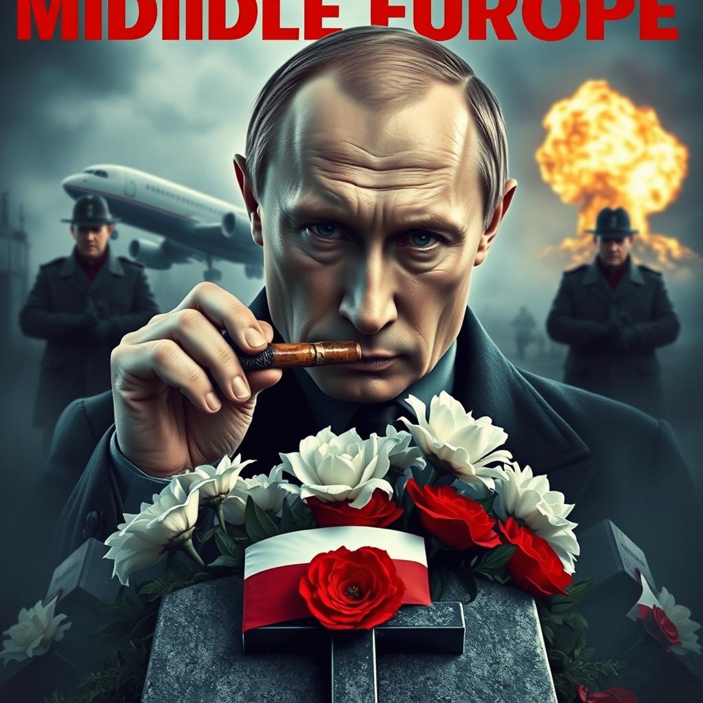 A high quality realistic movie poster featuring Vladimir Putin prominently in the foreground, smoking a cigar with an intense and contemplative expression