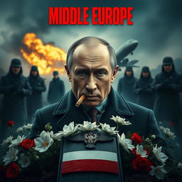 A high quality realistic movie poster featuring Vladimir Putin prominently in the foreground, smoking a cigar with an intense and contemplative expression