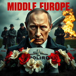 A high quality realistic movie poster featuring Vladimir Putin prominently in the foreground, smoking a cigar with an intense and contemplative expression