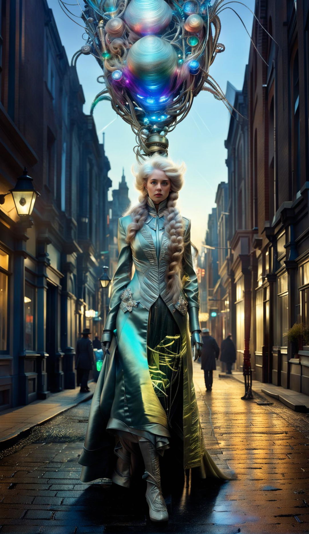 Futuristic techno-organic woman with luminescent hair walks down an 1800s upper-class shopping street, causing awe-struck onlookers to stop and stare.