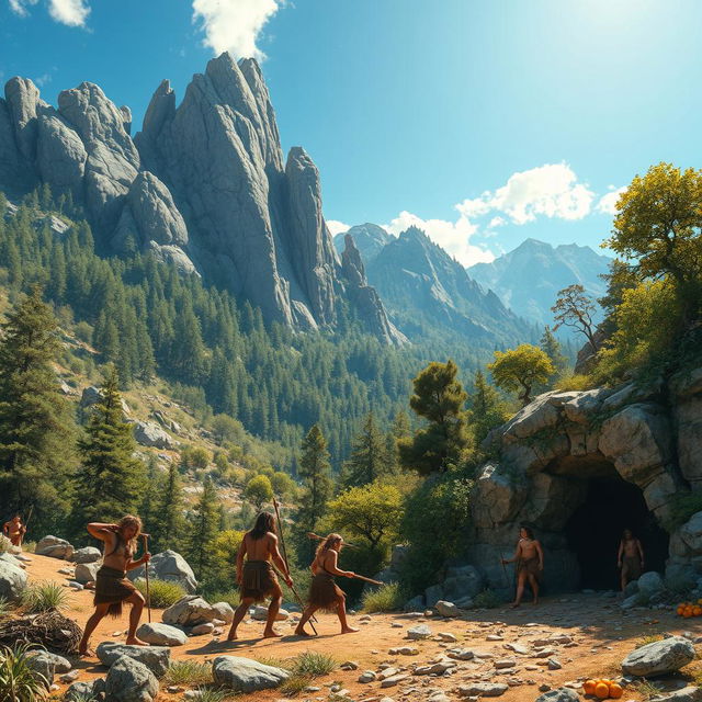 A stunning depiction of the Stone Age era, featuring a vibrant prehistoric landscape