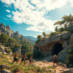 A stunning depiction of the Stone Age era, featuring a vibrant prehistoric landscape