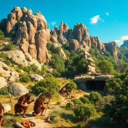 A stunning depiction of the Stone Age era, featuring a vibrant prehistoric landscape