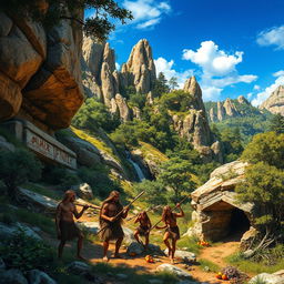 A stunning depiction of the Stone Age era, featuring a vibrant prehistoric landscape