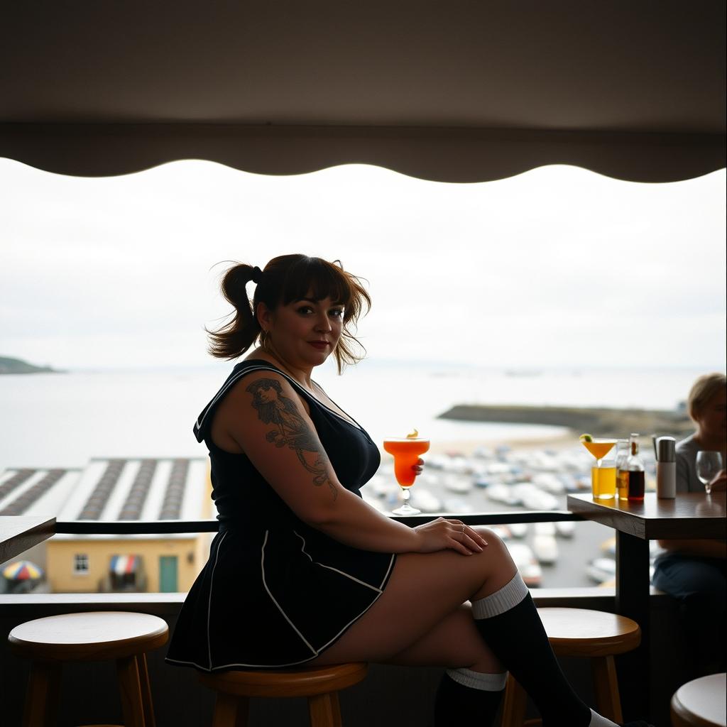 A curvy 40-year-old woman with hair styled in playful pigtails, sitting at a beach bar overlooking the charming harbor of St Ives