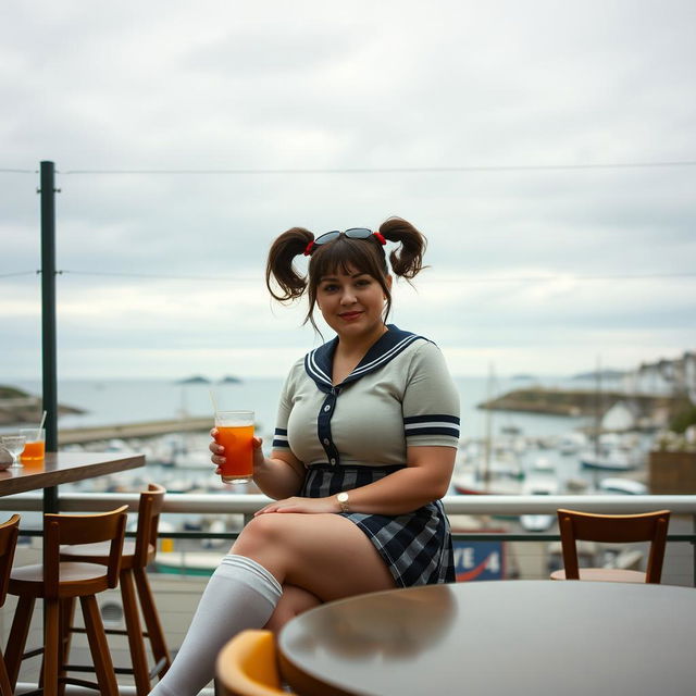 A curvy 40-year-old woman with hair styled in playful pigtails, sitting at a beach bar overlooking the charming harbor of St Ives