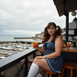 A curvy 40-year-old woman with hair styled in playful pigtails, sitting at a beach bar overlooking the charming harbor of St Ives