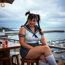 A curvy 40-year-old woman with hair styled in playful pigtails, sitting at a beach bar overlooking the charming harbor of St Ives