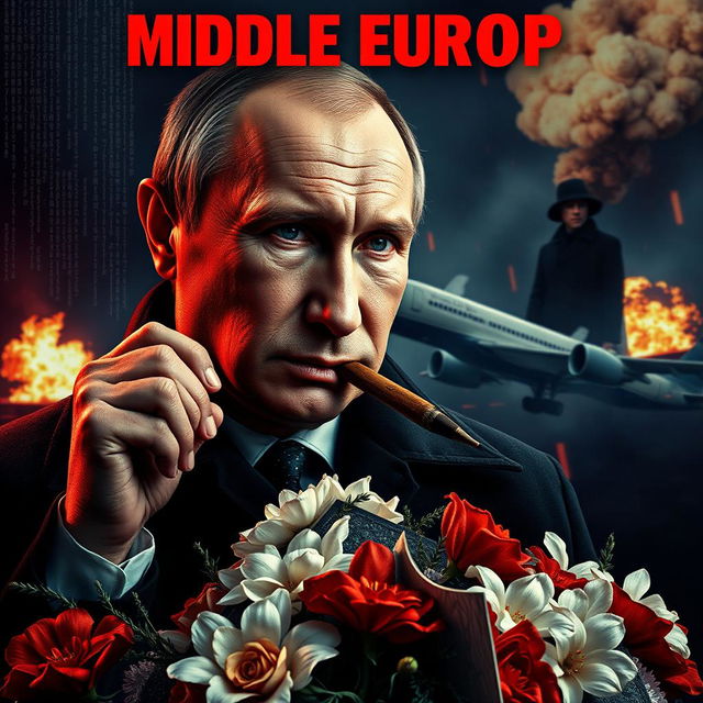 A high quality realistic movie poster featuring Vladimir Putin in the foreground, smoking a cigar with a contemplative and authoritative demeanor