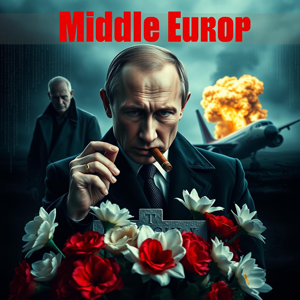 A high quality realistic movie poster featuring Vladimir Putin in the foreground, smoking a cigar with a contemplative and authoritative demeanor