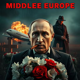 A high quality realistic movie poster featuring Vladimir Putin in the foreground, smoking a cigar with a contemplative and authoritative demeanor