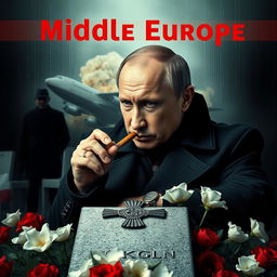 A high quality realistic movie poster featuring Vladimir Putin in the foreground, smoking a cigar with a contemplative and authoritative demeanor