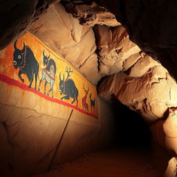A stunning depiction of prehistoric stone age art featuring cave paintings on rugged rock walls