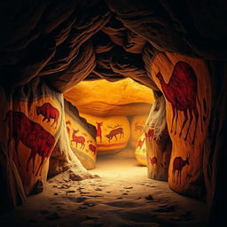 A stunning depiction of prehistoric stone age art featuring cave paintings on rugged rock walls