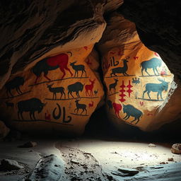 A stunning depiction of prehistoric stone age art featuring cave paintings on rugged rock walls