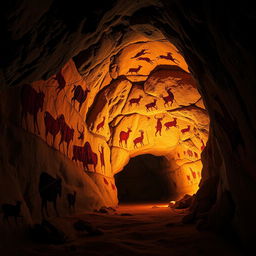 A stunning depiction of prehistoric stone age art featuring cave paintings on rugged rock walls