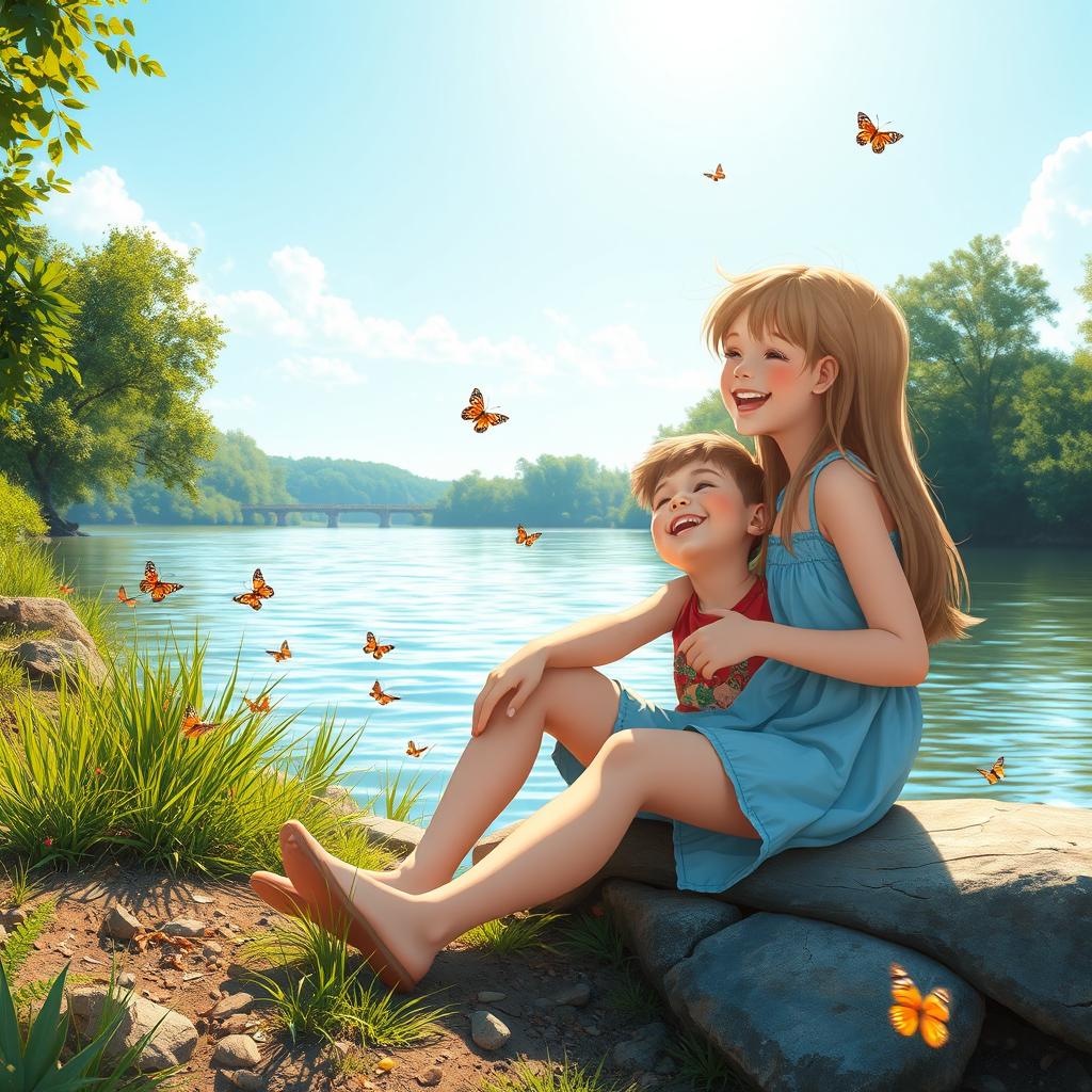 A serene riverbank scene featuring a boy and a girl sitting peacefully by the water