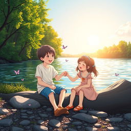 A serene riverbank scene featuring a boy and a girl sitting peacefully by the water