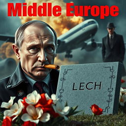 A high quality realistic movie poster featuring Vladimir Putin in the foreground, smoking a cigar with a serious and contemplative expression