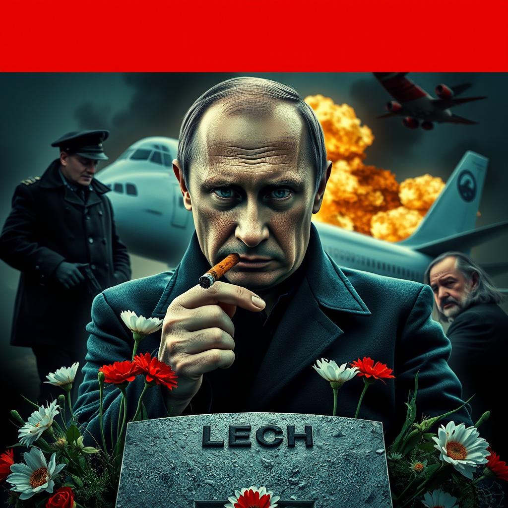 A high quality realistic movie poster featuring Vladimir Putin in the foreground, smoking a cigar with a serious and contemplative expression