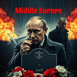 A high quality realistic movie poster featuring Vladimir Putin in the foreground, smoking a cigar with a serious and contemplative expression