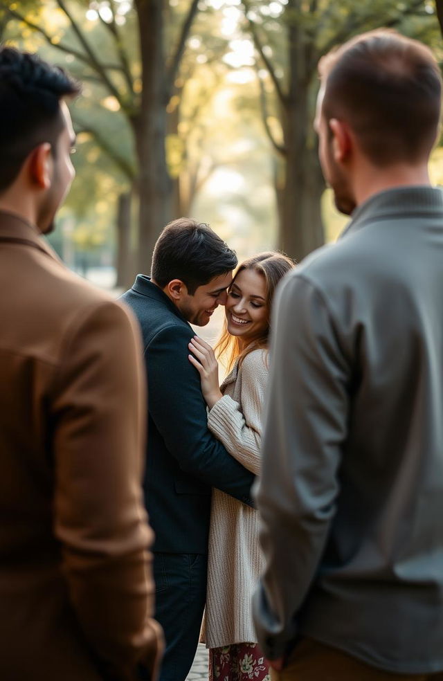 A romantic scene featuring a couple embracing each other lovingly in the center