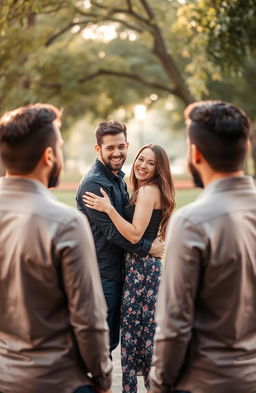 A romantic scene featuring a couple embracing each other lovingly in the center