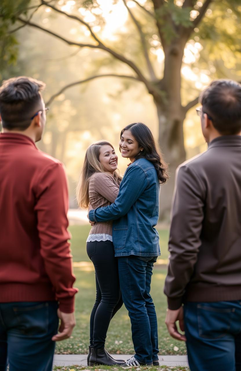 A romantic scene featuring a couple embracing each other lovingly in the center