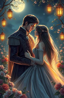 A romantic scene depicting a royal prince and a mysterious princess in a lush, enchanting garden under the moonlight