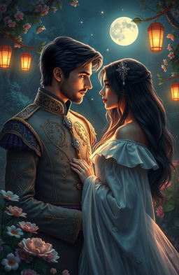 A romantic scene depicting a royal prince and a mysterious princess in a lush, enchanting garden under the moonlight