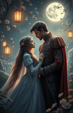 A romantic scene depicting a royal prince and a mysterious princess in a lush, enchanting garden under the moonlight