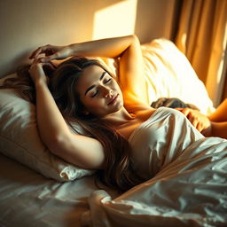 A serene scene of a 30-year-old woman lying comfortably on a plush bed, showcasing her natural beauty with her long hair spread across the pillow