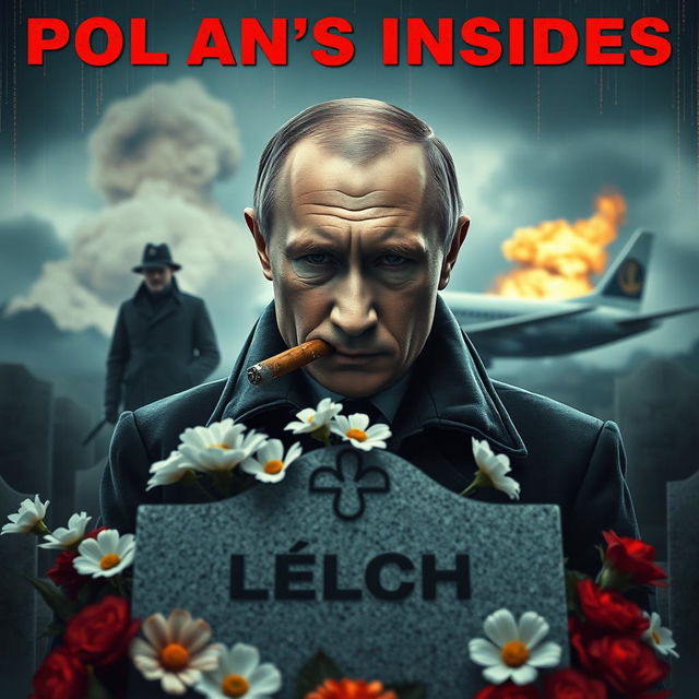 A high quality realistic movie poster featuring Vladimir Putin prominently in the foreground, smoking a cigar with a serious and intense expression