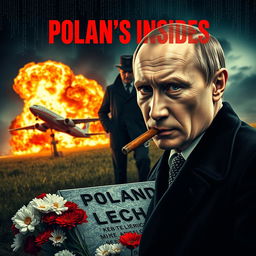 A high quality realistic movie poster featuring Vladimir Putin prominently in the foreground, smoking a cigar with a serious and intense expression