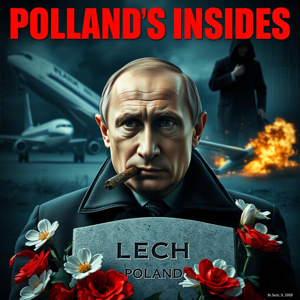 A high quality realistic movie poster featuring Vladimir Putin prominently in the foreground, smoking a cigar with a serious demeanor