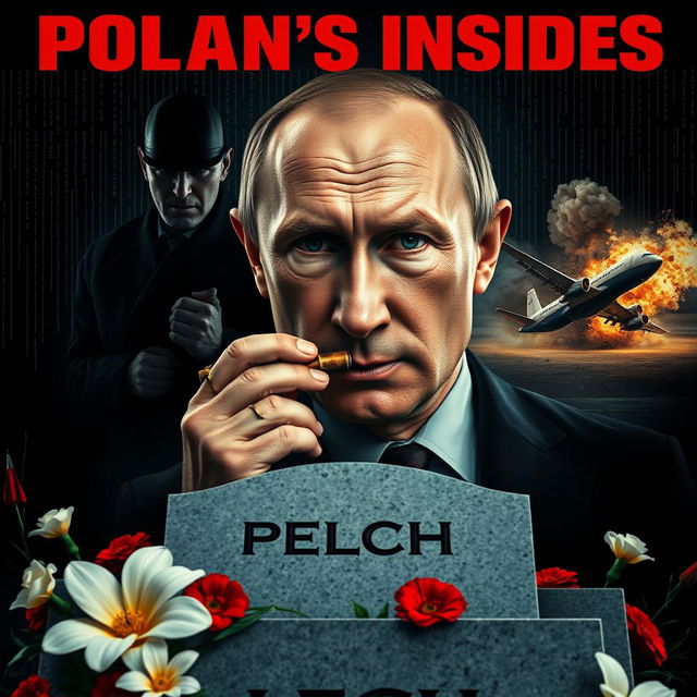 A high quality realistic movie poster featuring Vladimir Putin prominently in the foreground, smoking a cigar with a serious demeanor