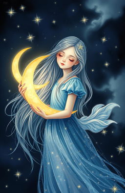 A serene and enchanting scene depicting a girl holding a glowing crescent moon