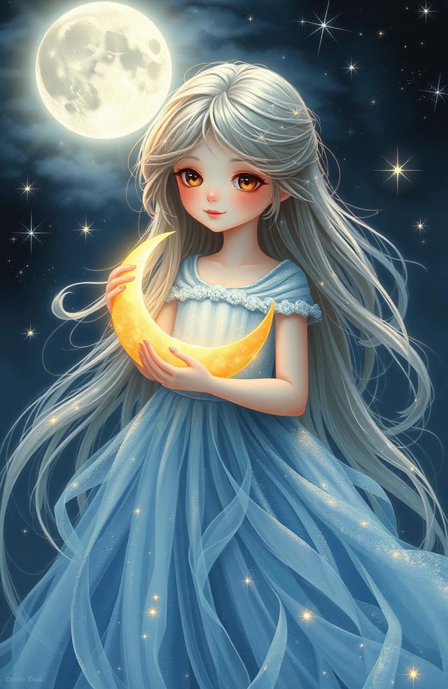 A serene and enchanting scene depicting a girl holding a glowing crescent moon