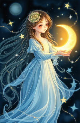 A serene and enchanting scene depicting a girl holding a glowing crescent moon