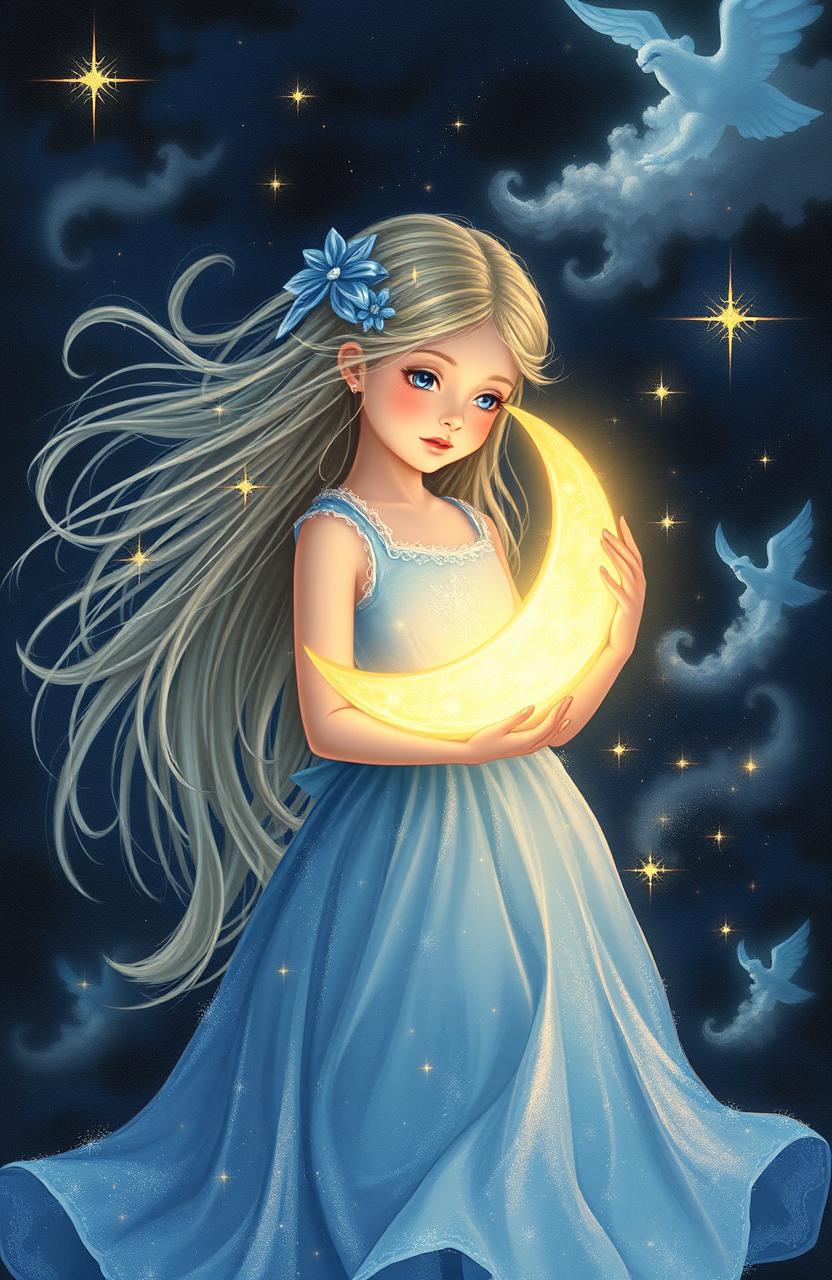 A serene and enchanting scene depicting a girl holding a glowing crescent moon