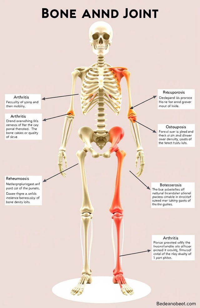 A detailed anatomical illustration showcasing various bone and joint diseases